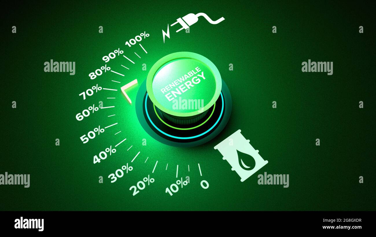 L'energia rinnovabile è energia utile che viene raccolta dalle risorse rinnovabili.manopola girevole per aumentare il passaggio dal combustibile fossile all'energia rinnovabile Foto Stock