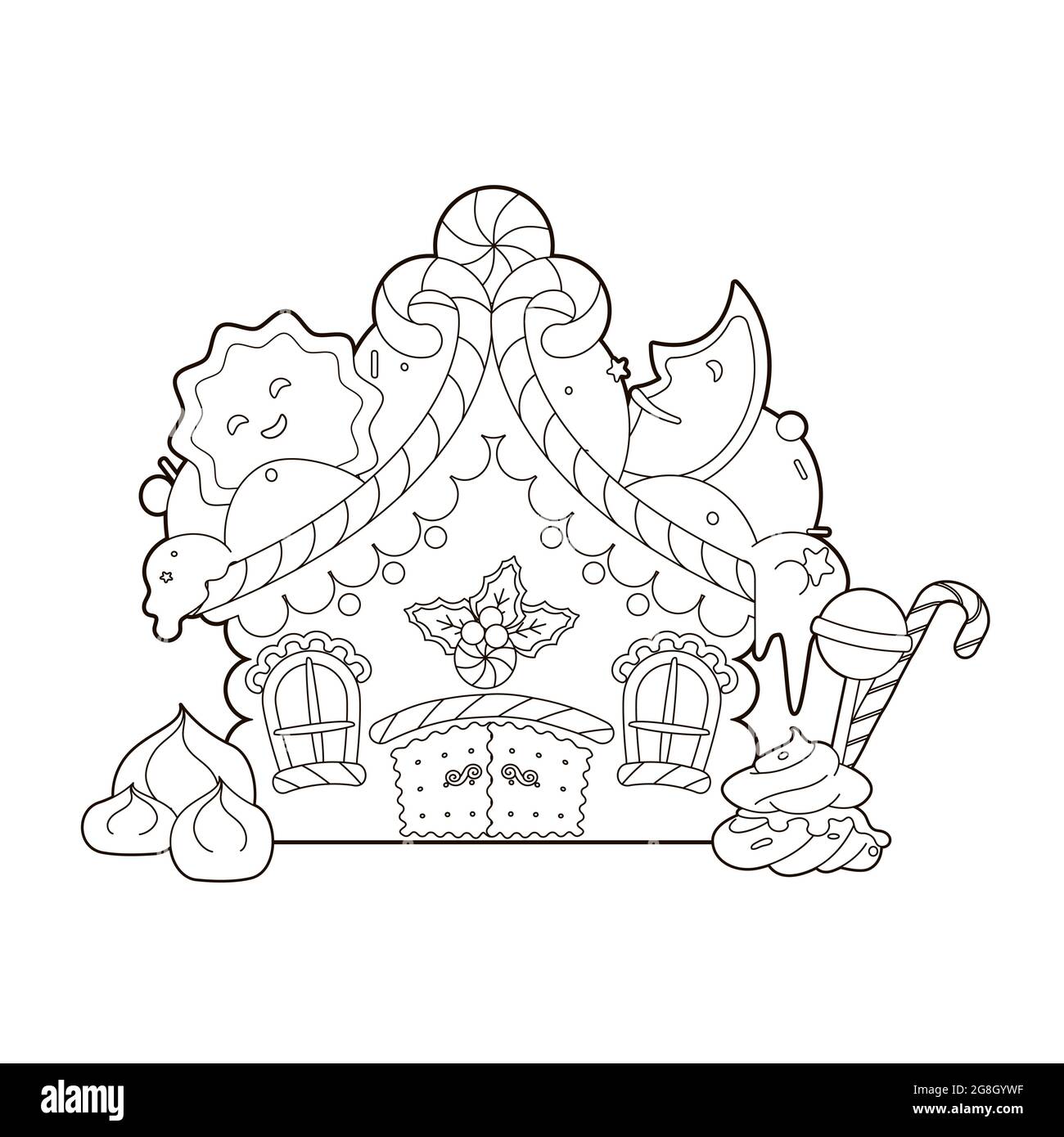Libro da colorare: Natale, casa pan di zenzero con albero di Natale marshmallow, con crema sotto forma di neve sul tetto.illustrazione vettoriale, bianco nero Immagine e Vettoriale - Alamy