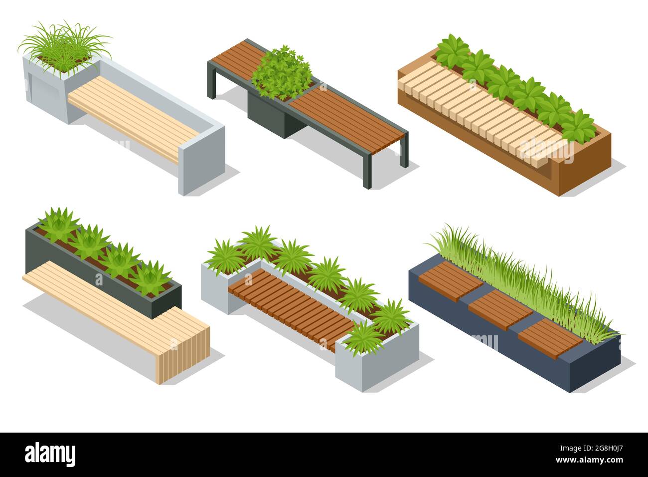 Icone isometriche insieme di eco Modern Street bench vettore per web design isolato su bianco. Una moderna panca con un letto a fiori in un parco cittadino. Città Illustrazione Vettoriale