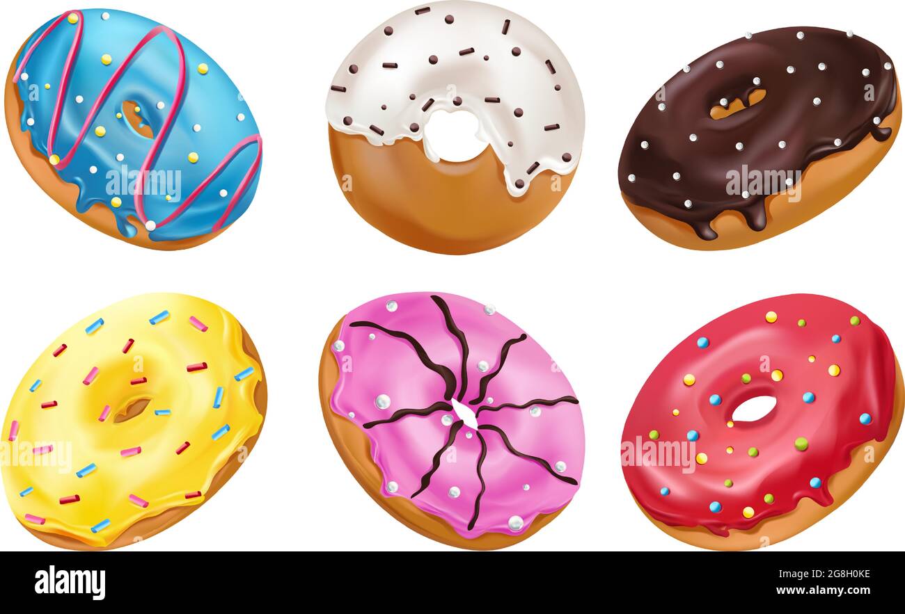 Ciambelle colorate con glassa rosa, cioccolato, blu, gialla e bianca e spruzzi. Ciambelle dolci su sfondo bianco. Icona realistica. Illustrazione vettoriale. Illustrazione Vettoriale