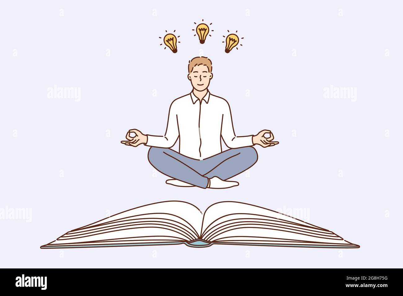 Avere un concetto creativo di idea aziendale. Giovane caucasico positivo calmo uomo d'affari cartoon carattere seduto sul pavimento meditando con grandi idee in testa e lampadine sopra illustrazione vettoriale Illustrazione Vettoriale