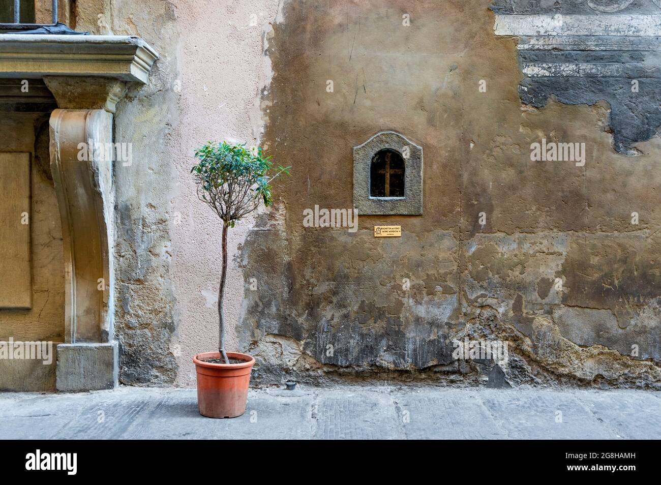 Finestra del vino o buchetta del vino, incastonata nel lato di un edificio secolare, usato in passato per vendere vino, a Firenze, Toscana, Italia. Foto Stock