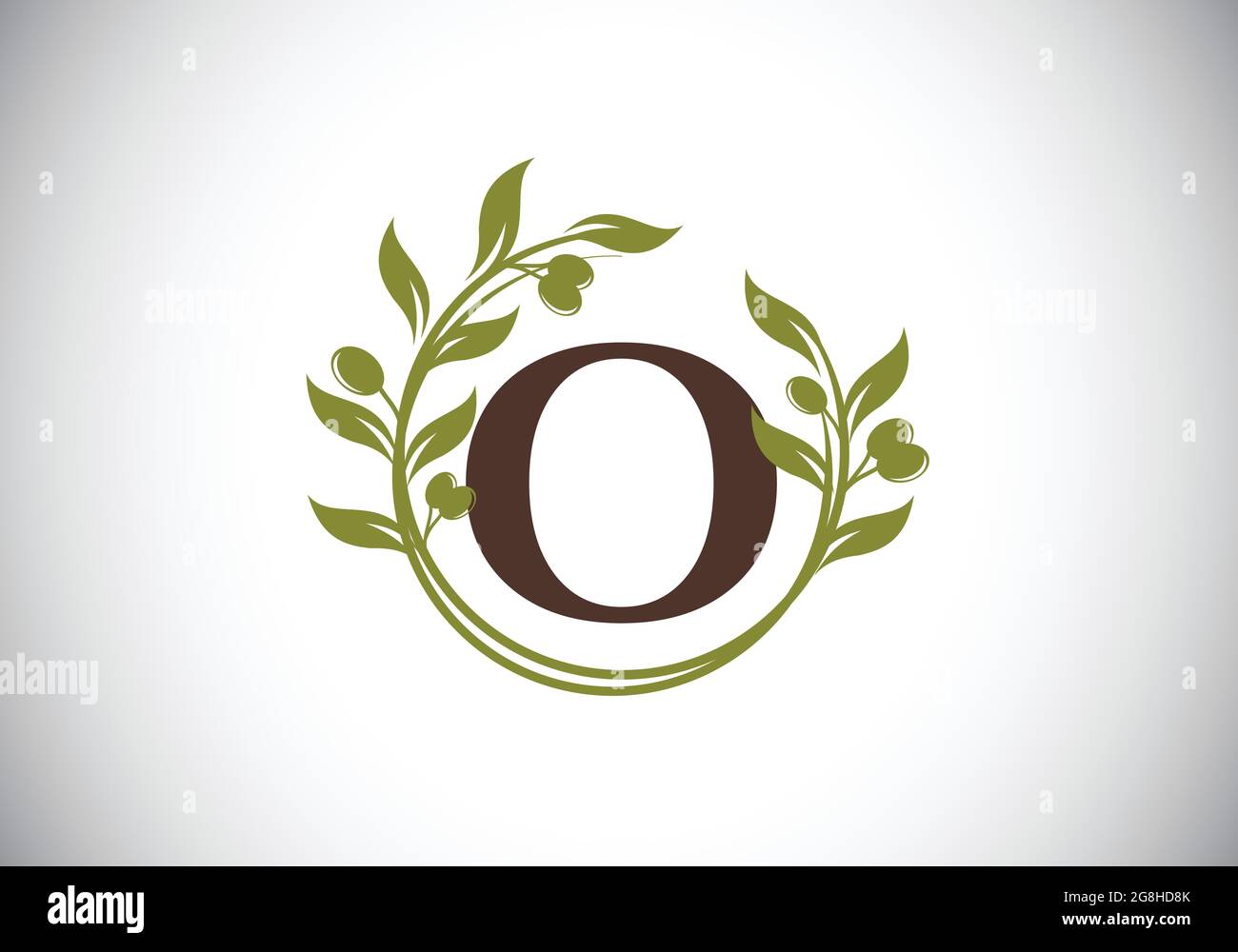 Lettera iniziale o segno simbolo con corona di ramificazione di olive. Cornice floreale rotonda realizzata dal ramo d'oliva. Logo del settore agricolo Illustrazione Vettoriale