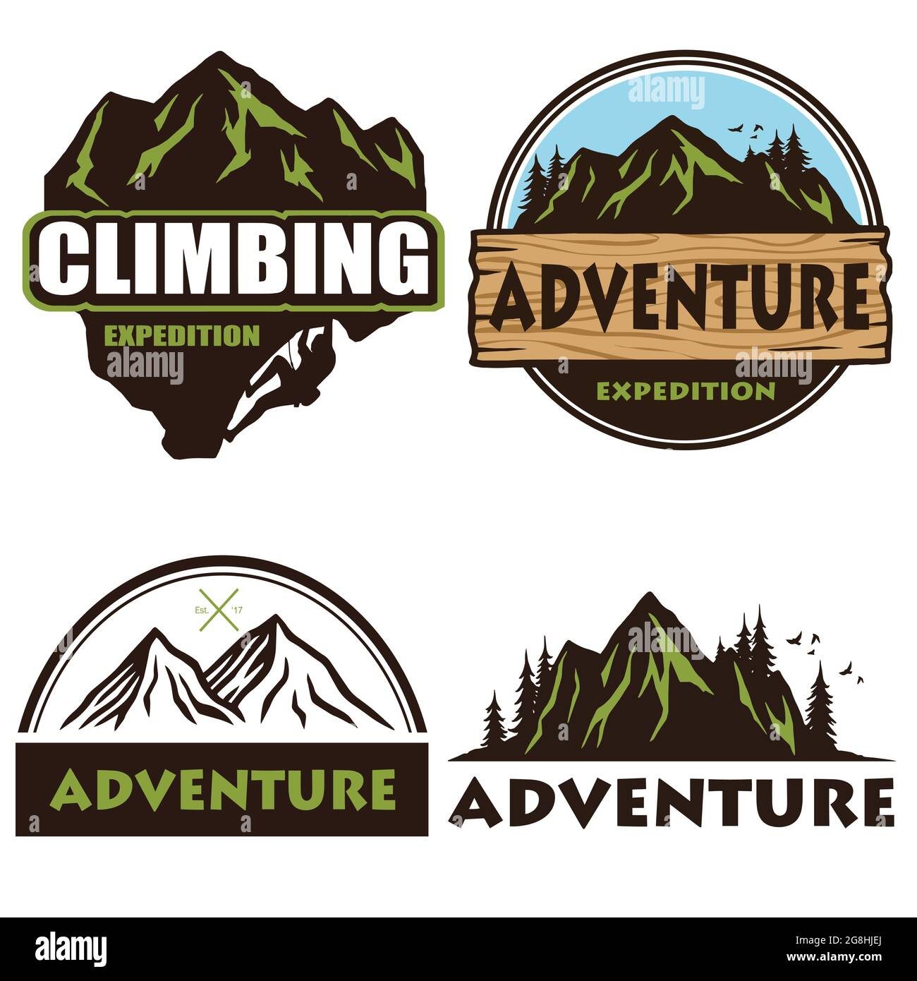 Camping Logo Set Design, Template, Outdoor Adventure, Montagne e Forest Expeditions. Collezioni di illustrazioni vettoriali di emblemi e distintivi d'epoca Illustrazione Vettoriale