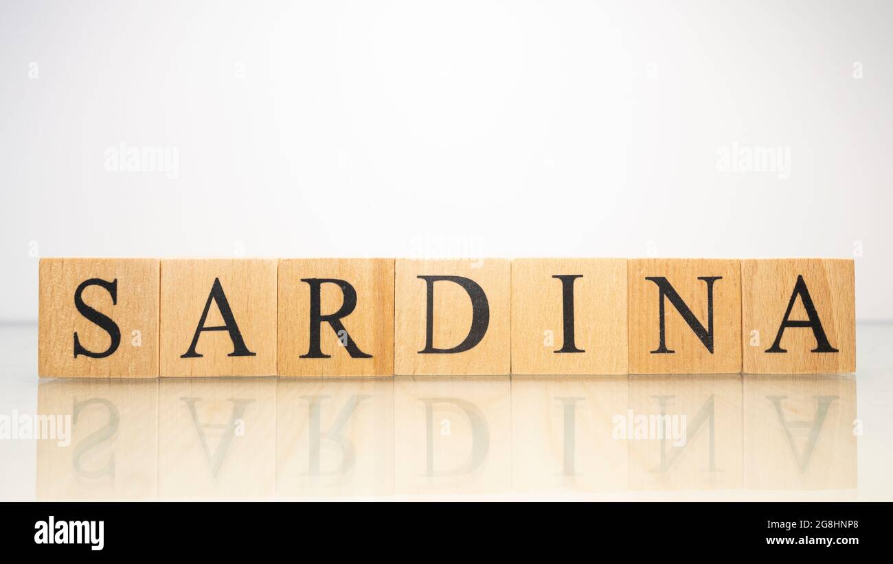 Il nome Sardina è stato creato da cubi di legno lettera. Frutti di mare e cibo. Primo piano. Foto Stock