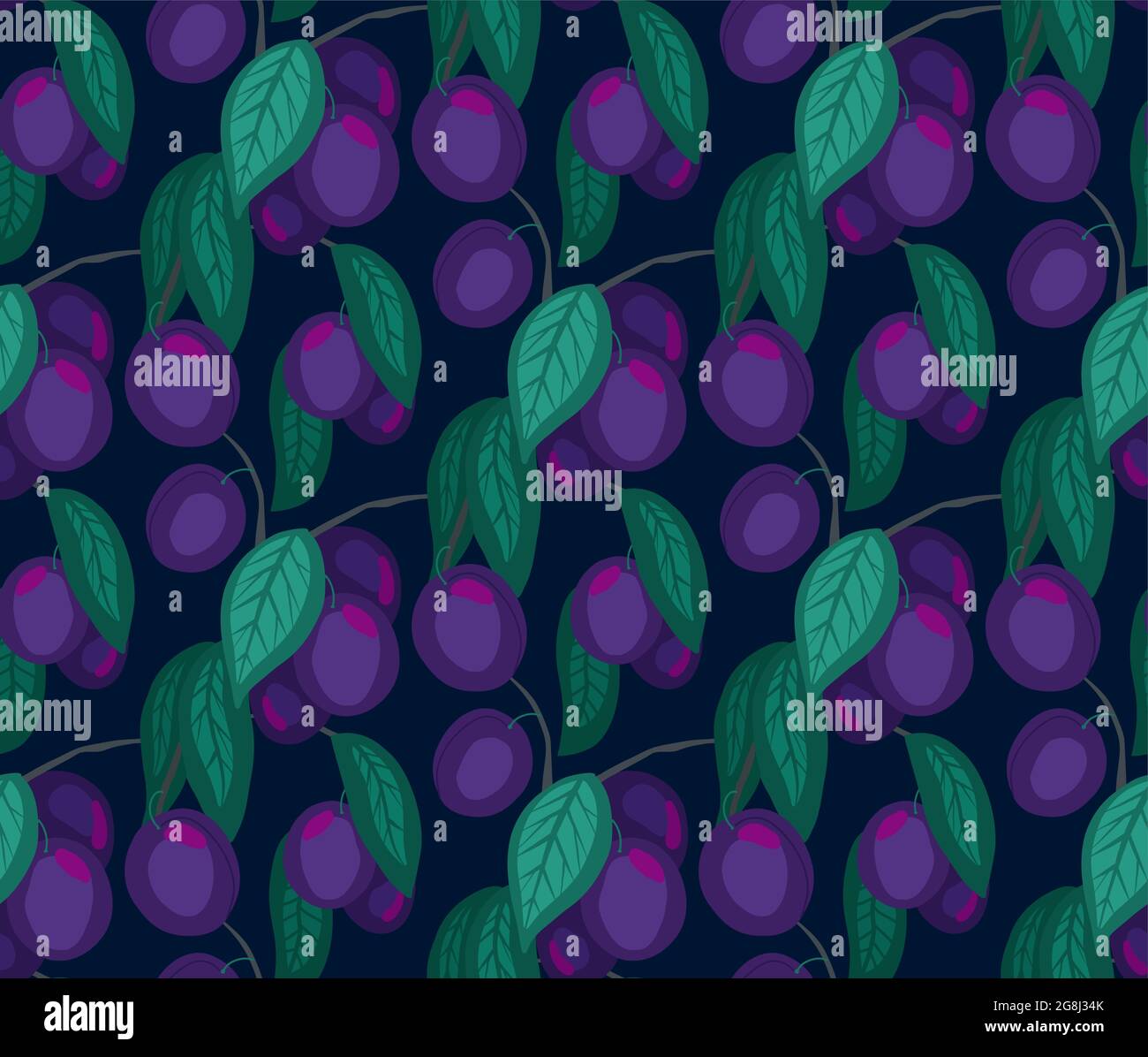 Texture piatta senza cuciture con prugne sui rami con fogliame su sfondo scuro. Cartoni animati con frutta sui gambi di notte. Carta da parati disegnata a mano con Illustrazione Vettoriale