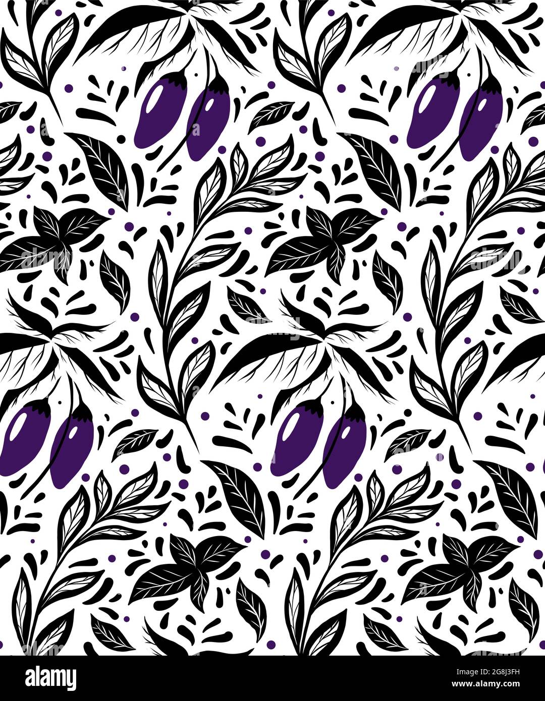 Motivo monocromatico senza cuciture con melanzane sui cespugli, rametti al basilico e decorazioni a dodle su sfondo bianco. Texture naturale vettoriale. Giardinaggio. WA Illustrazione Vettoriale