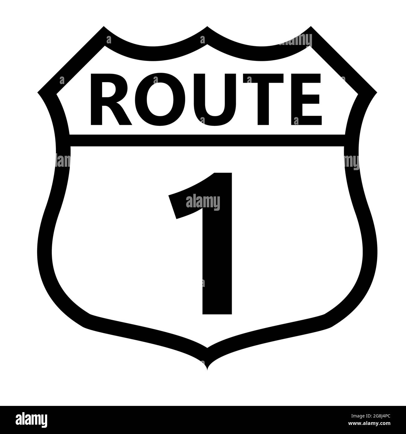 SEGNALE US Route 1. Segnale di schermatura con numero di percorso e simbolo di testo. Percorso numerato degli Stati Uniti. Stile piatto. Foto Stock