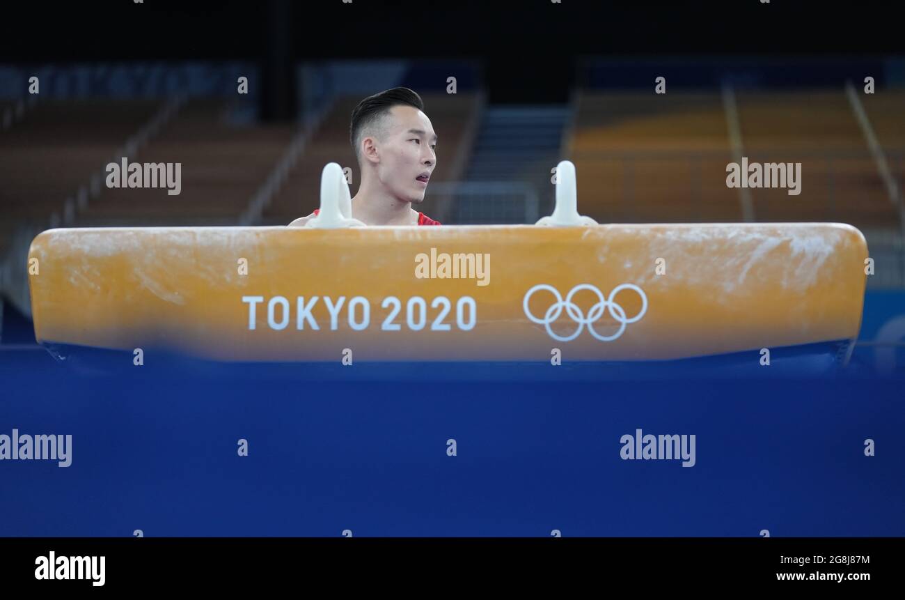 Tokyo, Giappone. 21 luglio 2021. Xiao Ruoteng del team di ginnastica artistica cinese si prepara per l'allenamento dei cavalli da pommel prima di Tokyo 2020 a Tokyo, Giappone, il 21 luglio 2021. Credit: Cheng min/Xinhua/Alamy Live News Foto Stock