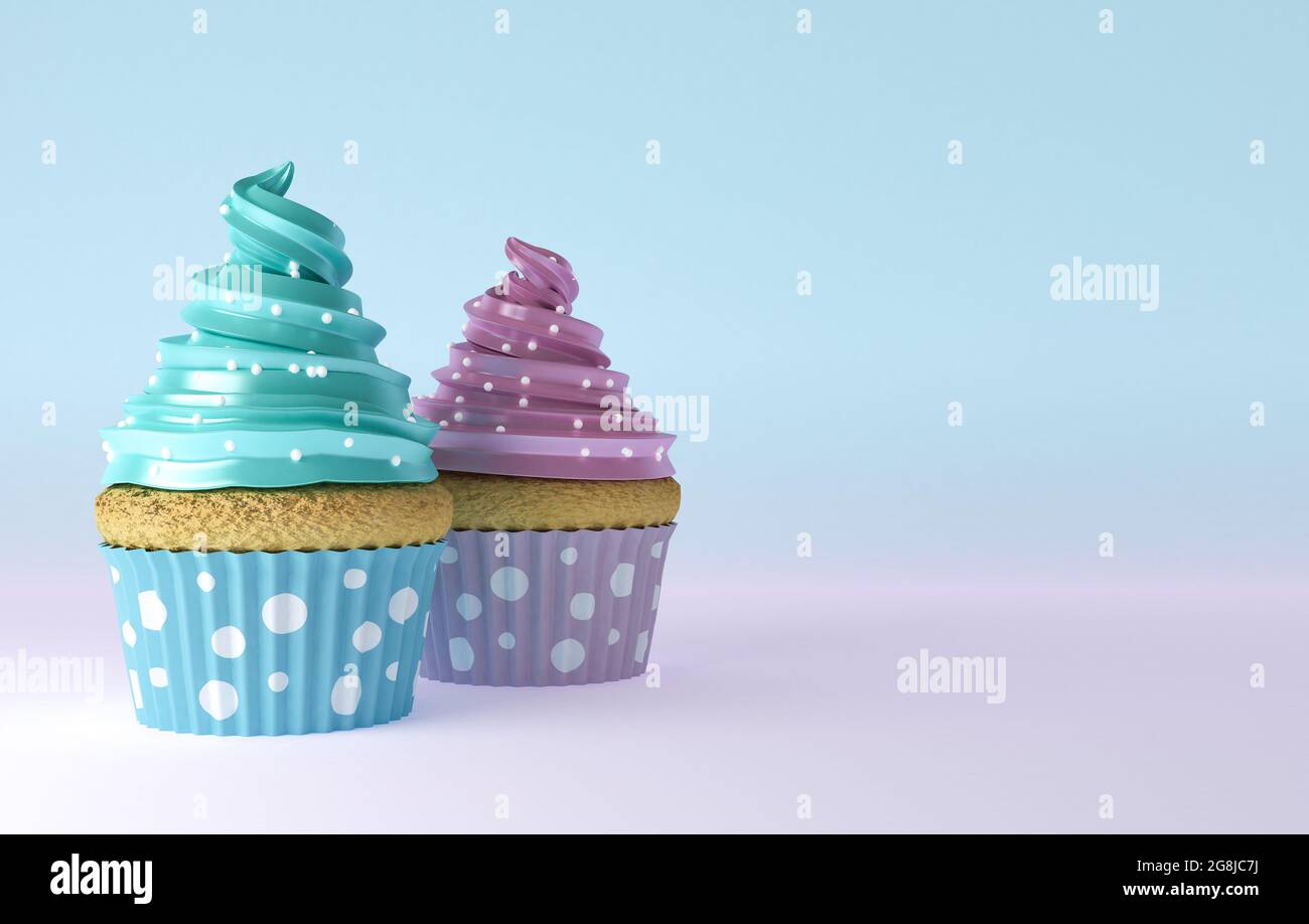 Cupcakes colorati su sfondo pastello, torta di compleanno, rendering 3d Foto Stock