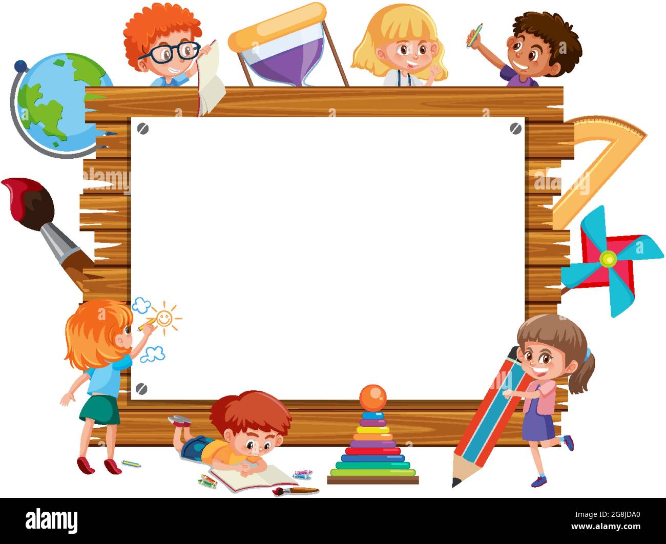 Cornice di legno vuota con molti bambini scuola cartoon illustrazione  carattere Immagine e Vettoriale - Alamy