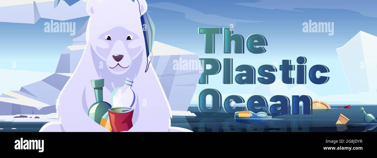 Banner oceanico in plastica con orso polare e immondizia Illustrazione Vettoriale