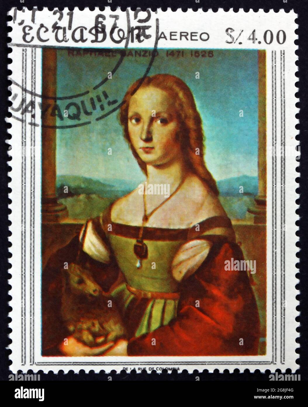 ECUADOR - CIRCA 1967: Un francobollo stampato in Ecuador mostra Lady con unicorno, dipinto di Raffaello, pittore italiano, circa 1967 Foto Stock