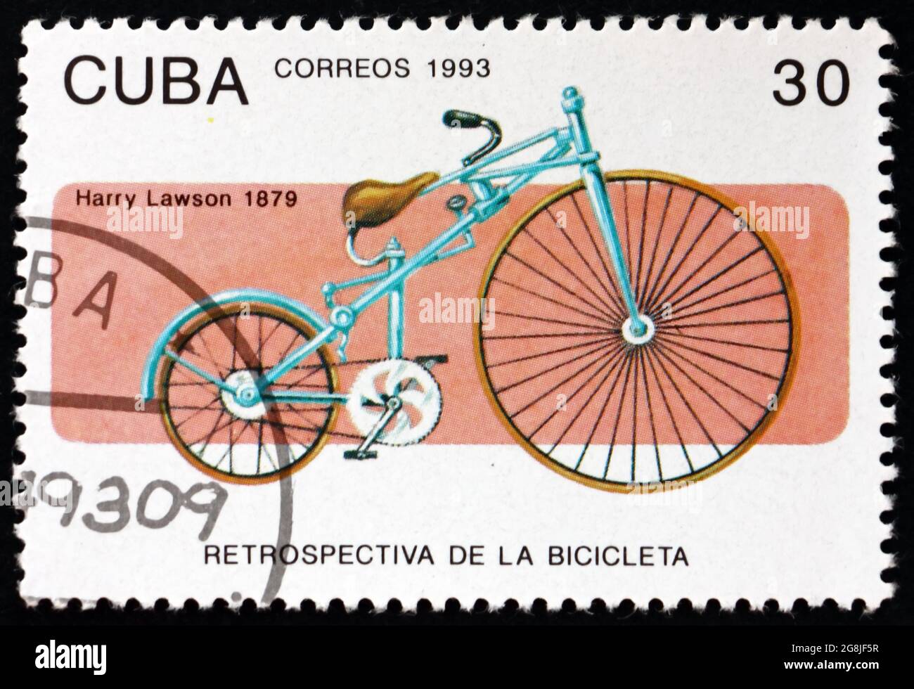 CUBA - CIRCA 1993: Un francobollo stampato a Cuba mostra la bicicletta, di Harry Lawson, 1879, circa 1993 Foto Stock