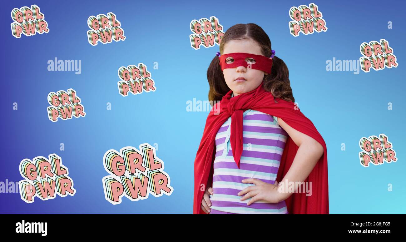 Composizione di testo ragazza potere su ragazza in costume supereroe Foto Stock