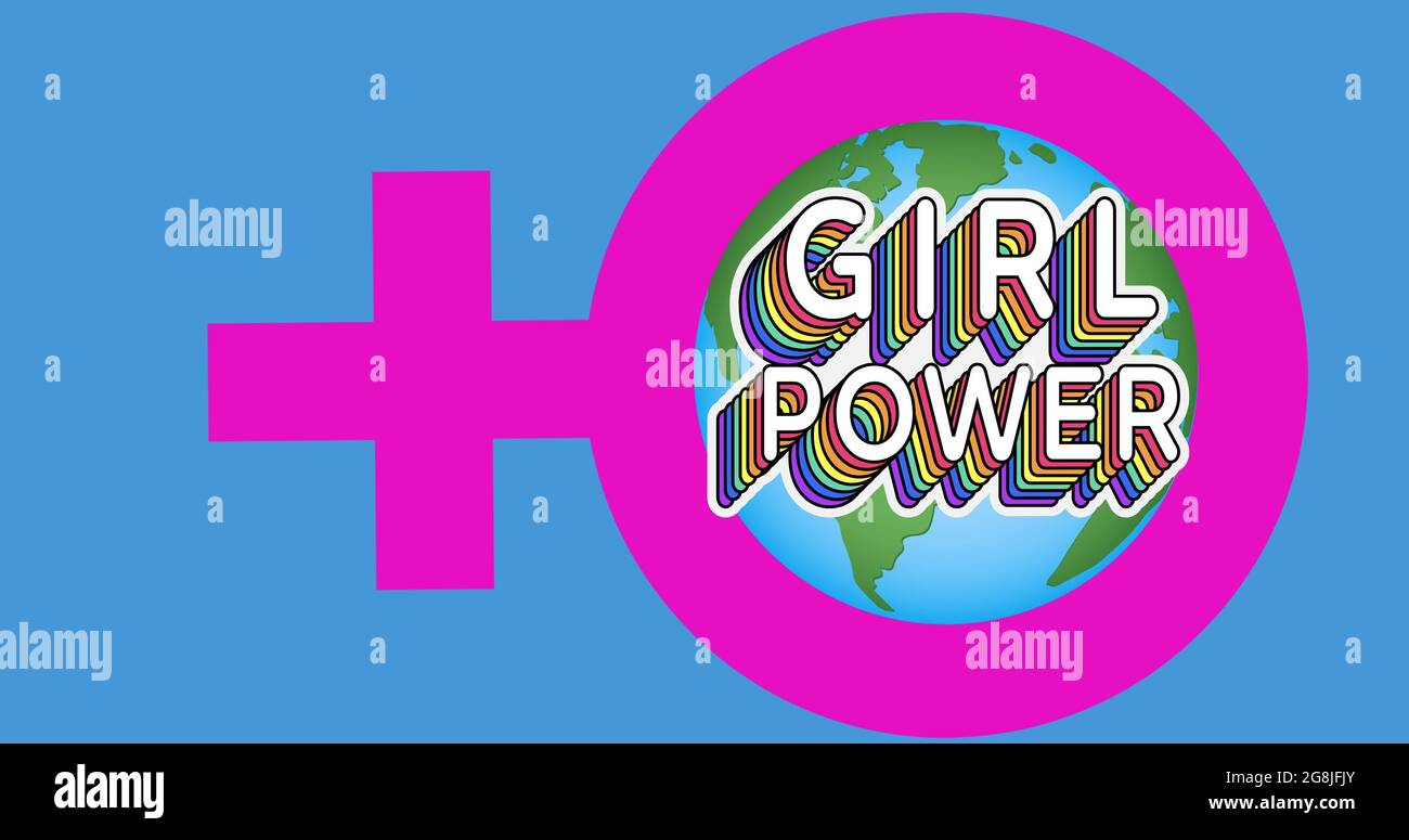 Composizione di testo ragazza potere su globo Foto Stock