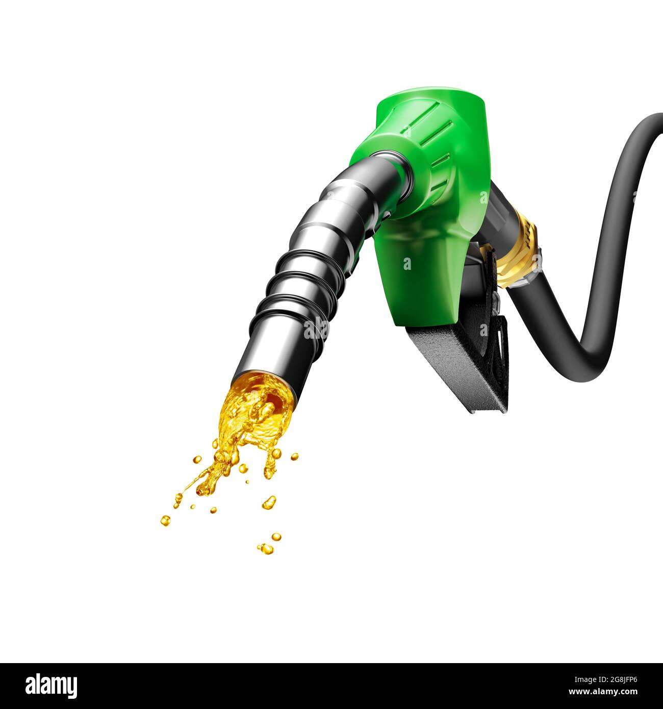 Ugello verde della pompa del gas con spruzzi di benzina isolati su sfondo bianco Foto Stock