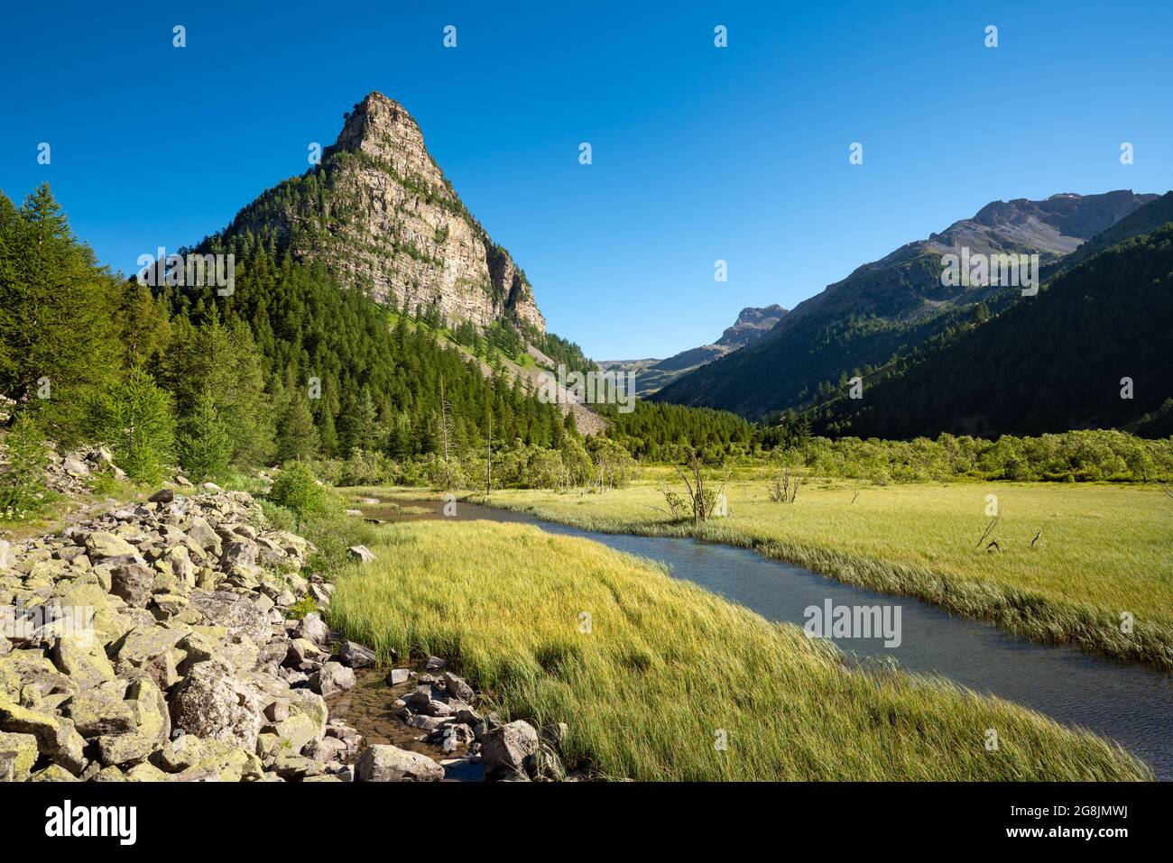 Lac des Sagnes in estate con la Tour des Sagnes montagna. Ubaye Valley nel Parco Nazionale del Mercantour. Alpi dell'alta Provenza, Alpi francesi, Francia Foto Stock