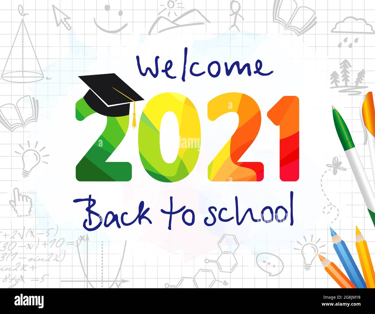 Benvenuti Torna alla scuola 2021 vettore banner design con il numero di facet colorato. Concetto di educazione, con testo, numeri colorati, penna, matita e schizzo Illustrazione Vettoriale