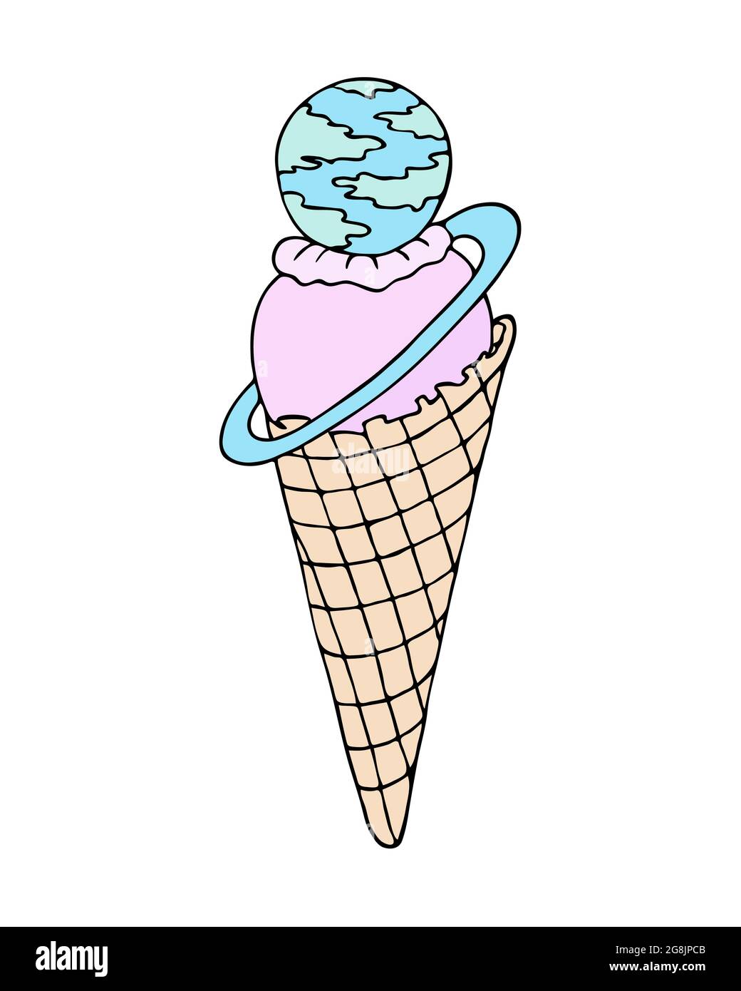 Gelato, doodling colorato in un cono di cialda, colore giallo blu rosa, pianeta Saturno, disegno a mano contorno doodle, isolato, sfondo bianco. Illustrazione vettoriale Illustrazione Vettoriale