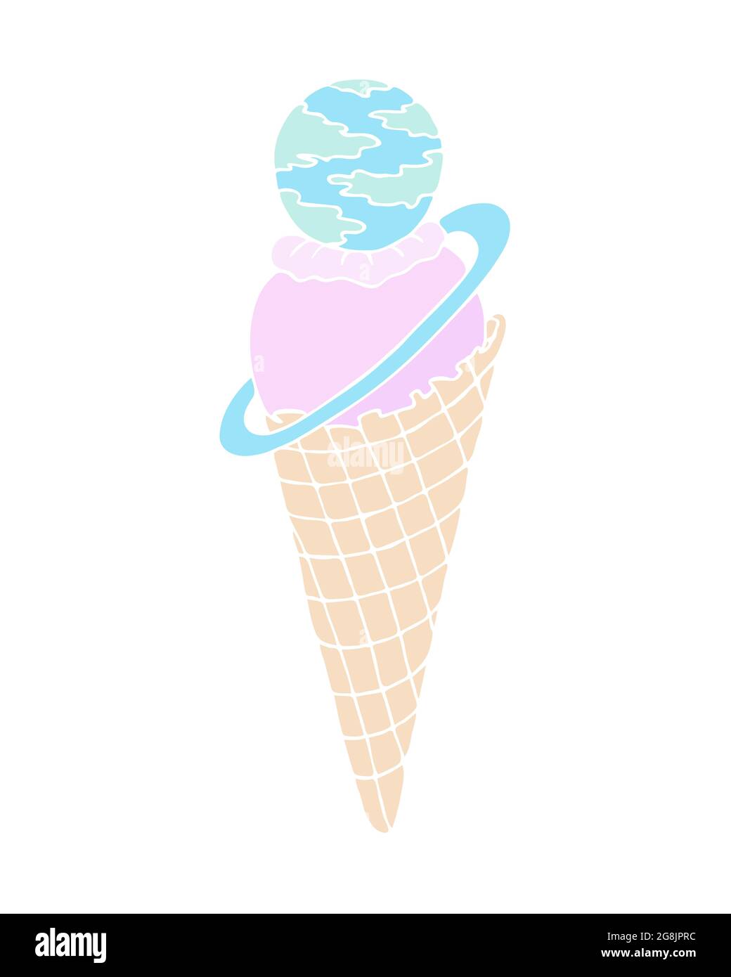 Gelato, nessun contorno colorato in un cono di cialda, colore rosa blu giallo, pianeta Saturno, doodle, isolato, sfondo bianco. Illustrazione vettoriale Illustrazione Vettoriale