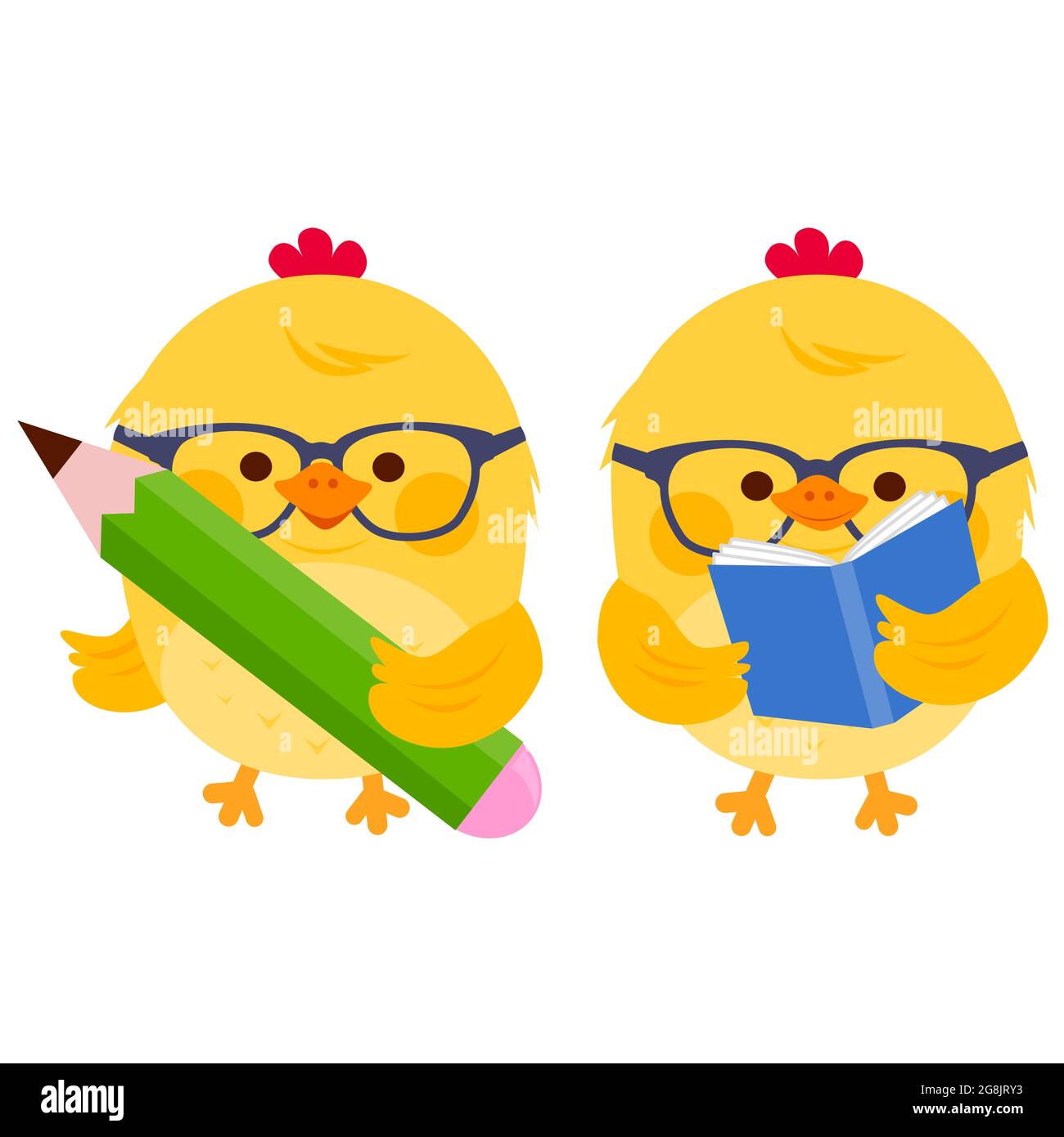 Piccoli studenti di pollo che tengono una penna e un libro. Foto Stock