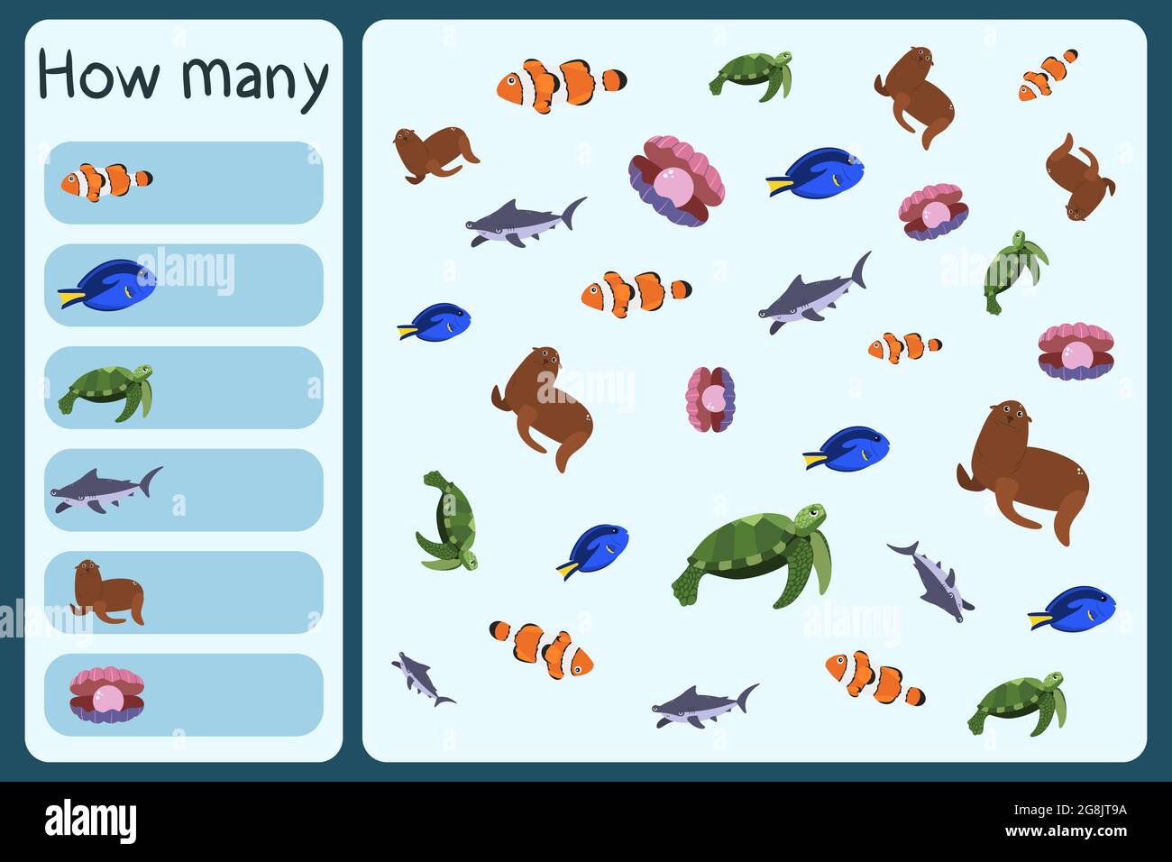Minigioco matematico per bambini - conta quanti animali di mare - pesce pagliaccio, tartaruga, squalo di testa di mare, foca di pelliccia, squalo con perla. Giochi educativi per bambini. Modello di disegno cartoon Illustrazione Vettoriale