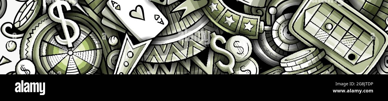 Banner doodle disegnato a mano dal casinò. Volantino dettagliato del vettore cartoon. Illustrazione Vettoriale