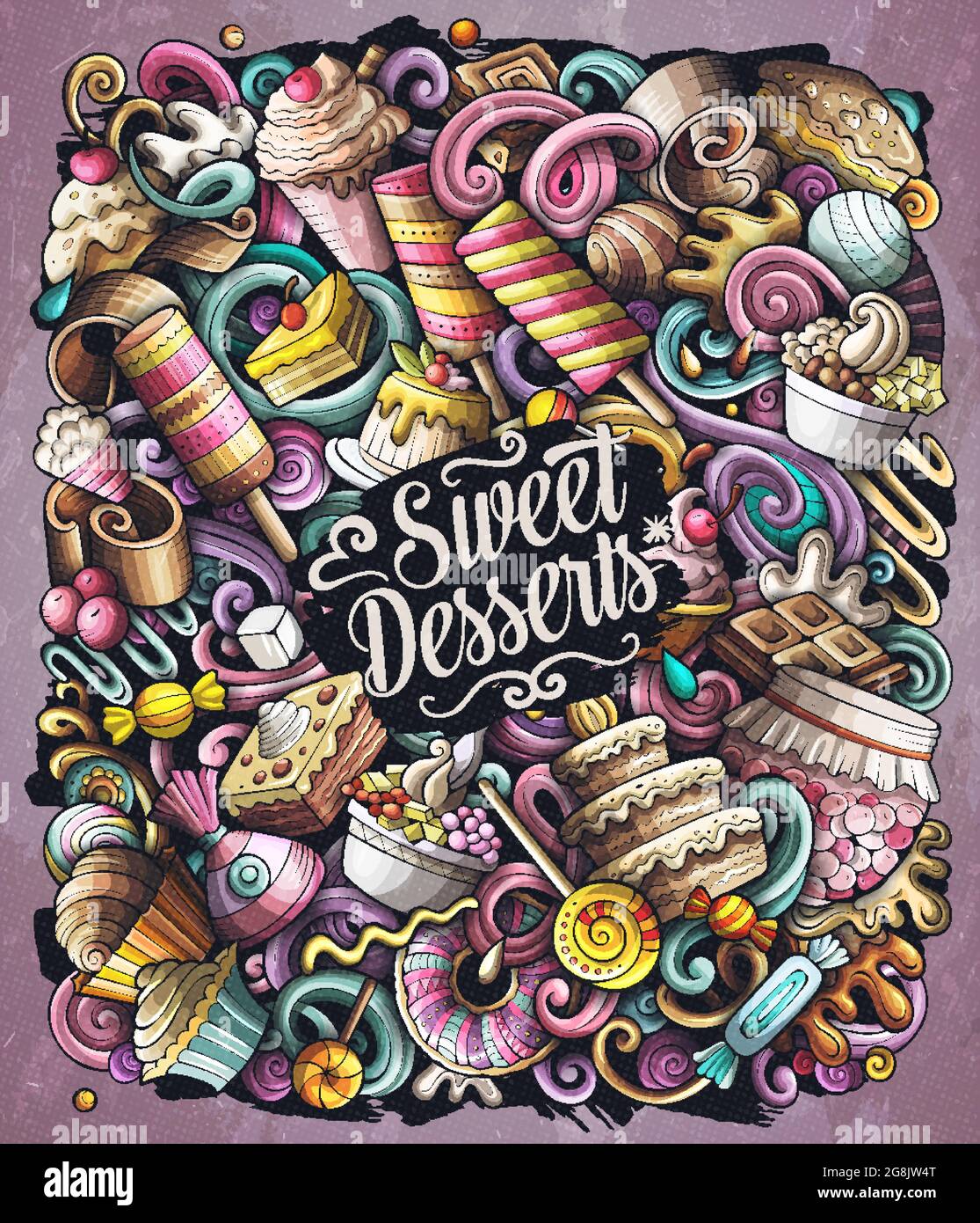 Illustrazione dei doodles vettoriali del fumetto del cibo dolce. Illustrazione Vettoriale