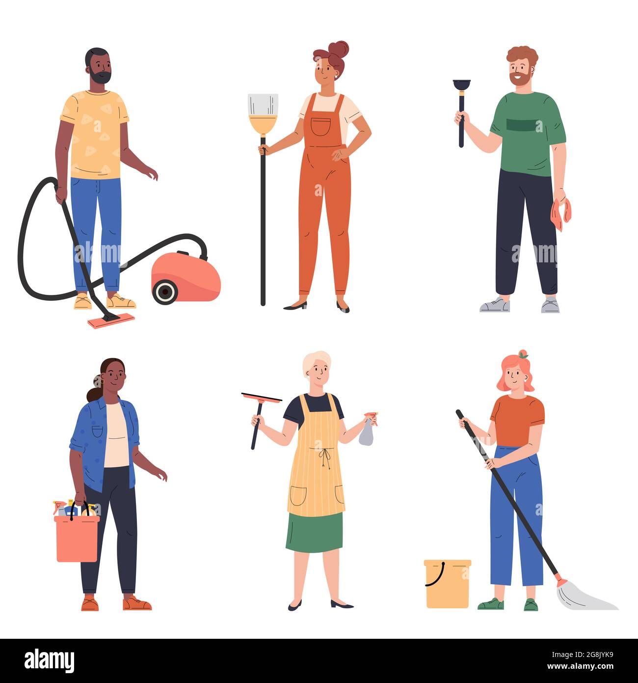 Pulizia di casa, uomini e donne che fanno i chores. Illustrazione Vettoriale