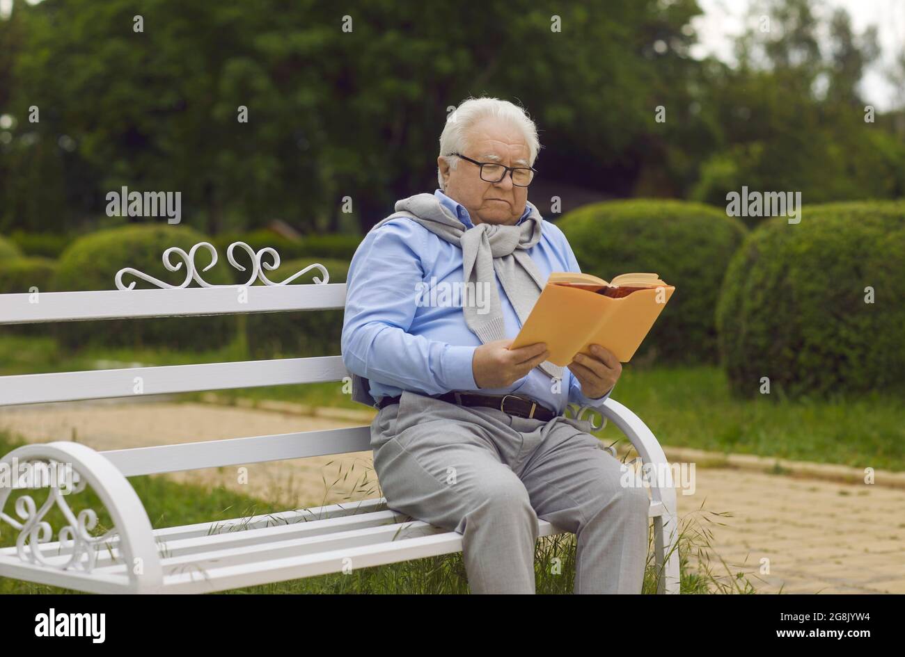 Anziano uomo anziano in occhiali godere di leggere libro seduta su panchina nel parco Foto Stock
