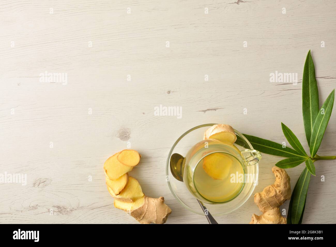 Tazza di bevande calde su un tavolo bianco con radice di zenzero a fette e foglie. Vista dall'alto. Foto Stock