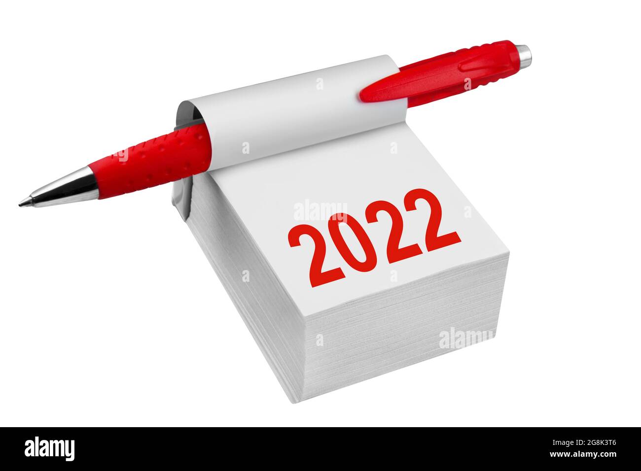 Kalender 2022 und Rottstift auf weissem Hintergrund Foto Stock