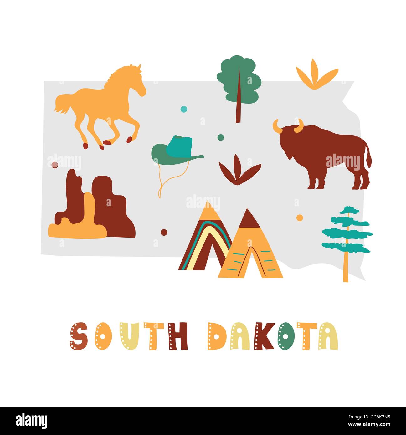 USA mappa raccolta. Simboli di stato e natura sulla silhouette grigia dello stato - South Dakota. Cartone animato stile semplice per la stampa Illustrazione Vettoriale