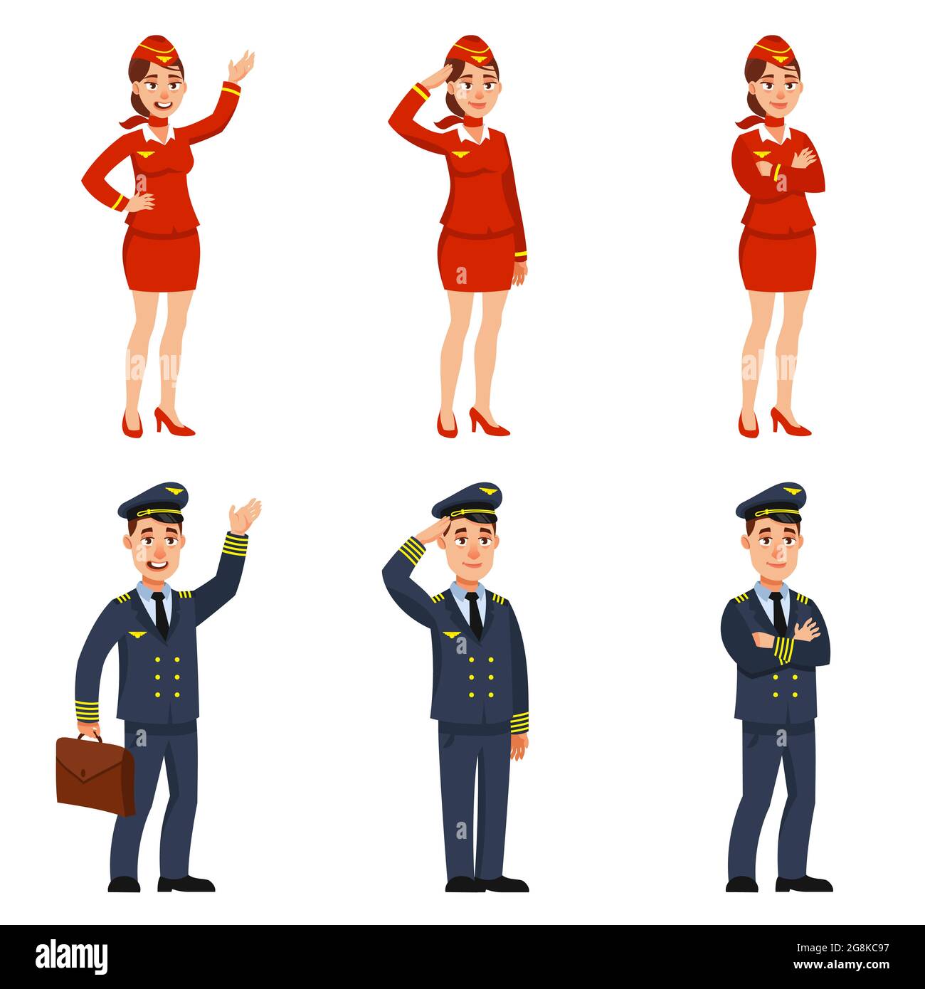 Pilota di aeroplano e stewardess in posizioni differenti. Personaggi maschili e femminili in stile cartoon. Illustrazione Vettoriale