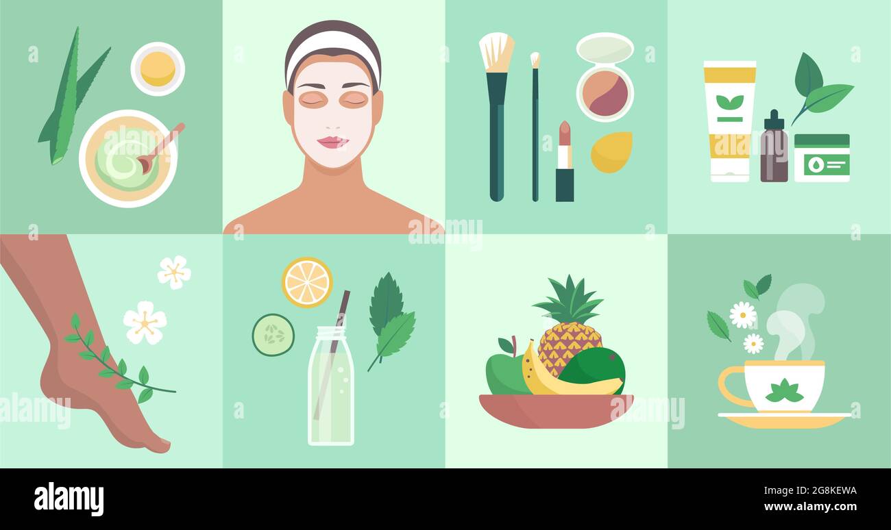 Set di icone per la cura naturale del corpo e dei prodotti di bellezza Illustrazione Vettoriale