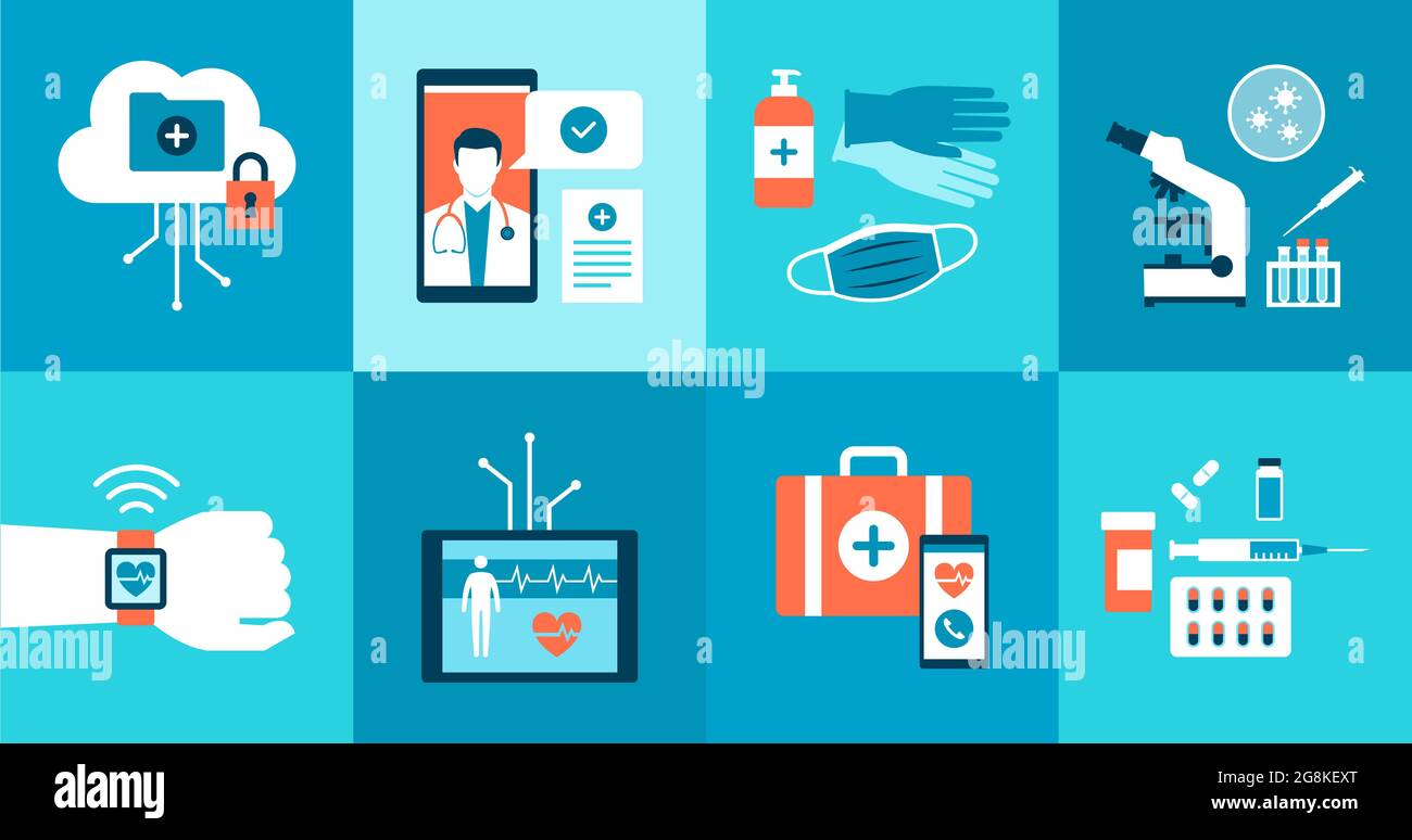 Set di icone per la prevenzione, la ricerca medica e l'assistenza sanitaria Illustrazione Vettoriale