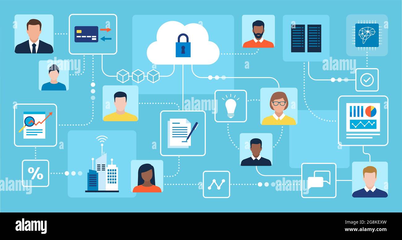 Utenti che lavorano in remoto e condividono dati online, aziendali e concetti tecnologici Illustrazione Vettoriale