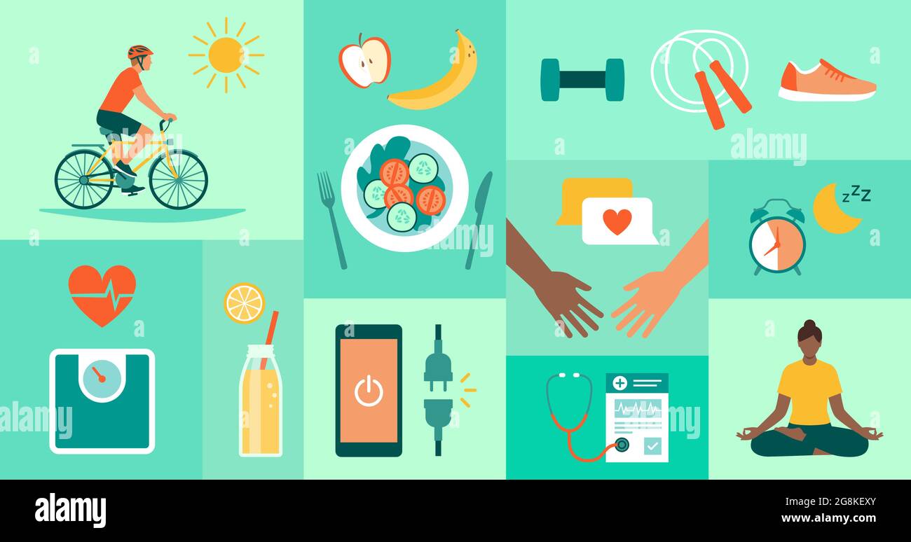 Stile di vita sano, prevenzione delle malattie e icone fitness Illustrazione Vettoriale