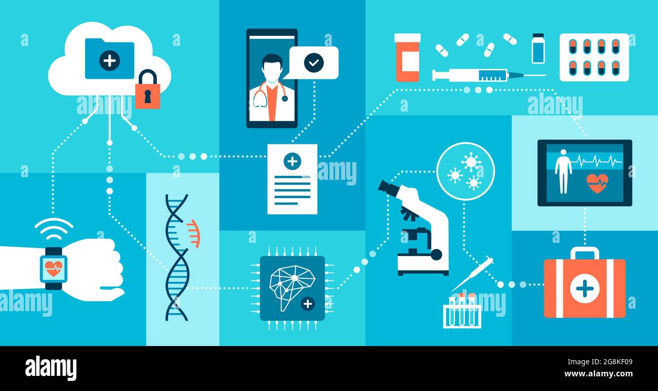 Assistenza sanitaria innovativa, ricerca medica e tecnologia: Rete di dati e applicazioni mediche Illustrazione Vettoriale