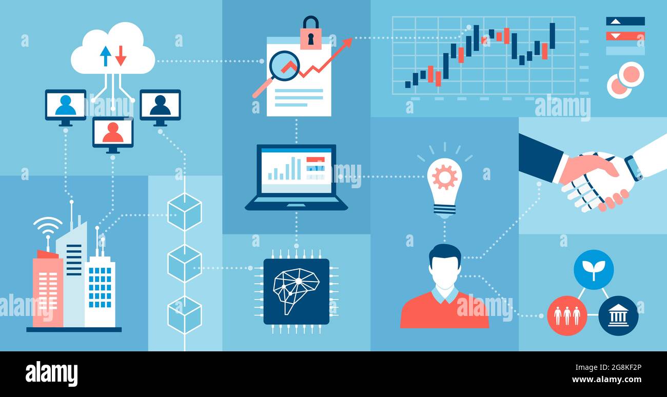 Tecnologia aziendale innovativa, intelligenza artificiale e rete dati Illustrazione Vettoriale