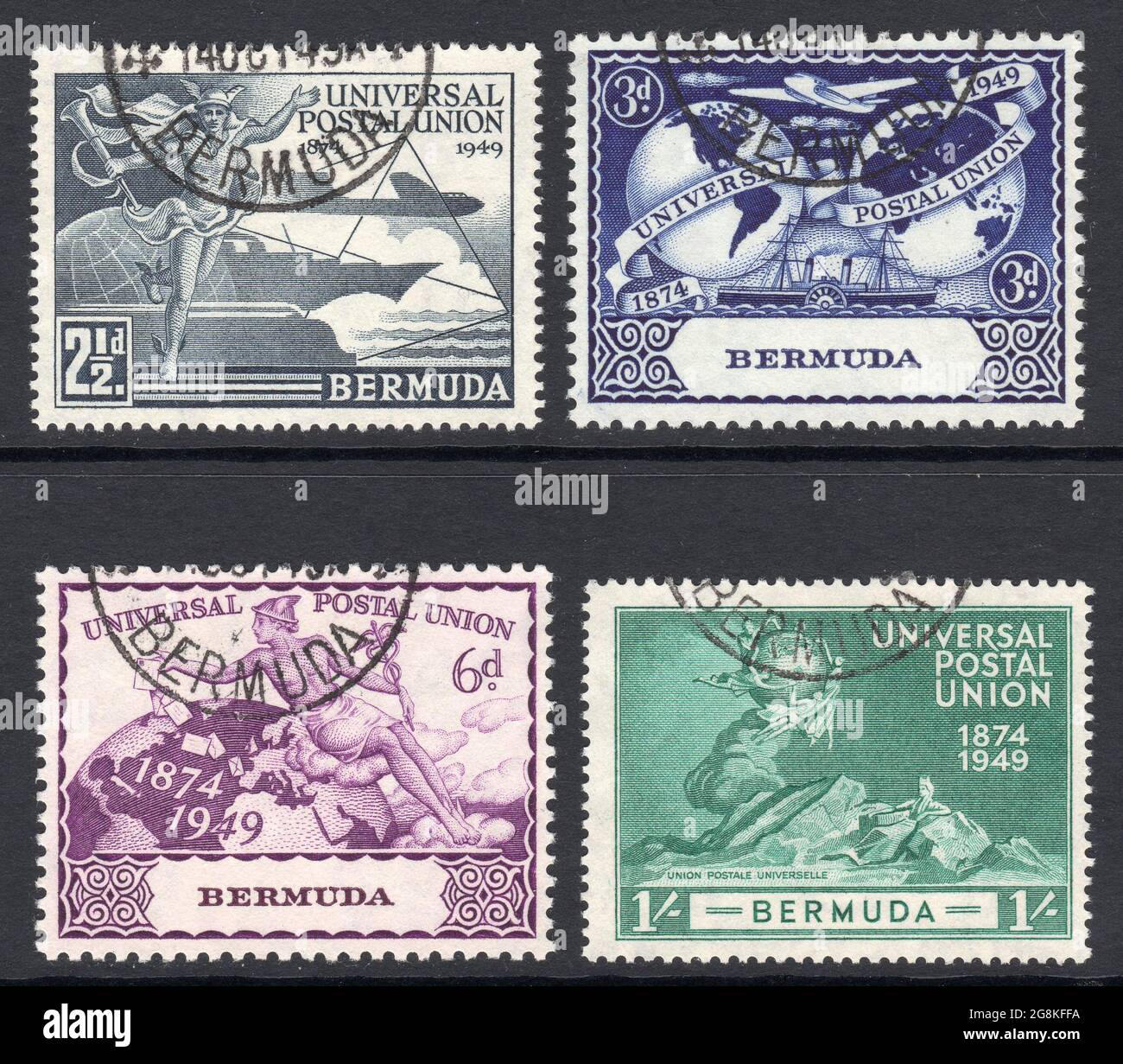 1949 UPU usato [Unione postale universale] Set di Bermuda. Bermuda (le Isole Somers, o Isole Bermuda) è un territorio britannico d'oltremare nell'Oceano Atlantico settentrionale. Foto Stock