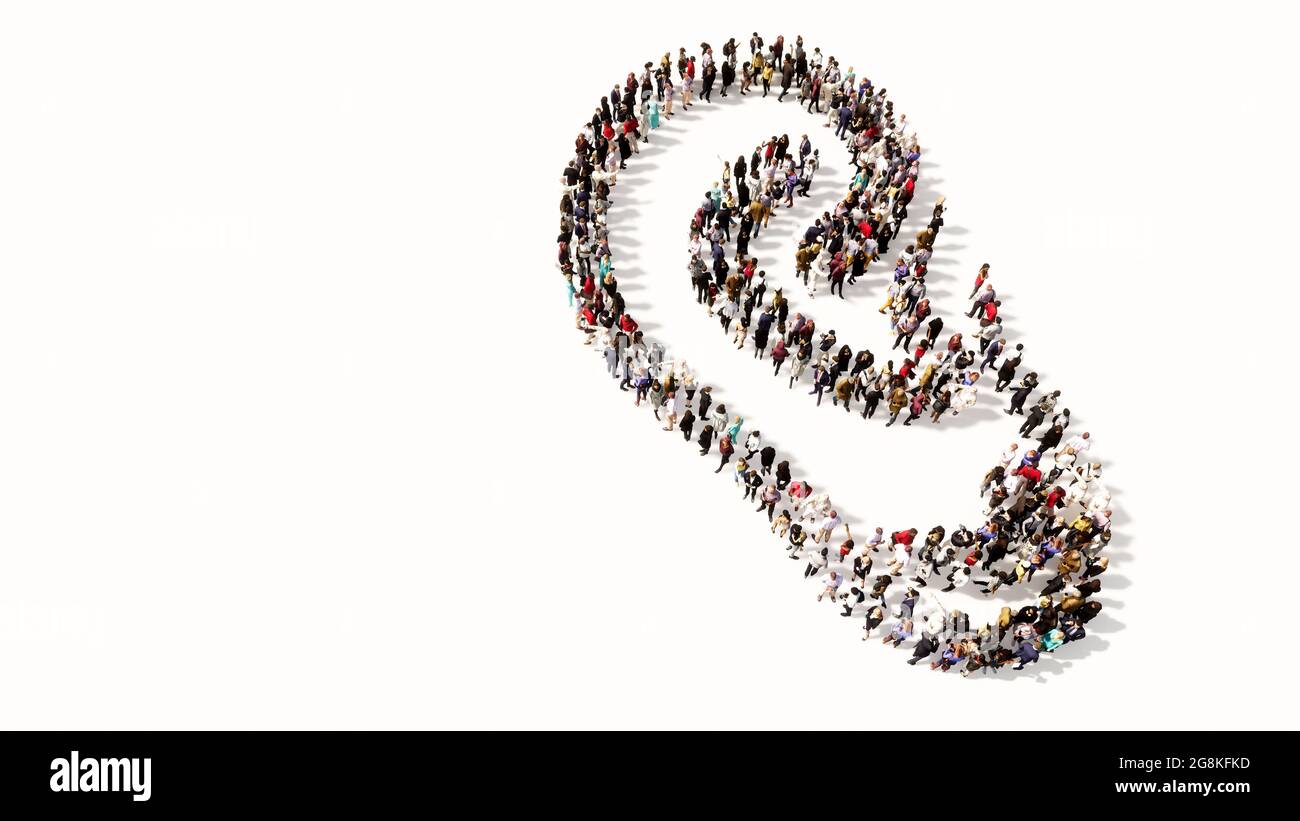 Concetto o concettuale grande comunità di persone che formano l'immagine di un orecchio su sfondo grigio. Una metafora di illustrazione 3d per perdita dell'udito, tinnito, Foto Stock