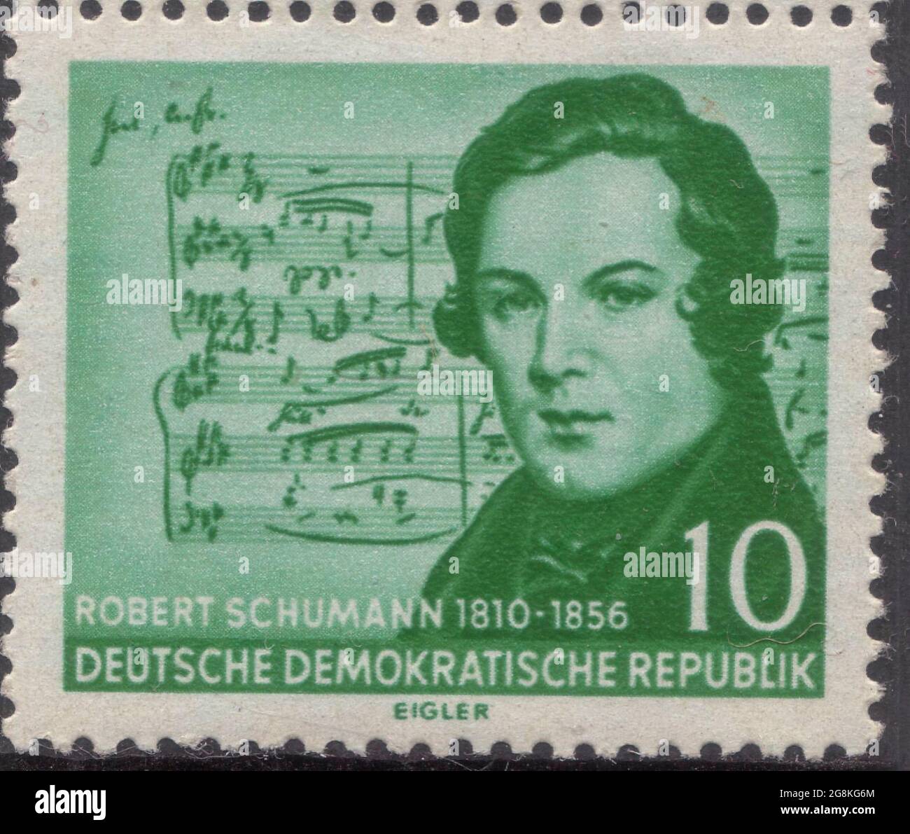 DDR [Deutsche Demokratische Republik (Repubblica democratica tedesca), nome ufficiale dell'ex Germania dell'Est] Robert Schumann 10pf Verde 1956 Foto Stock