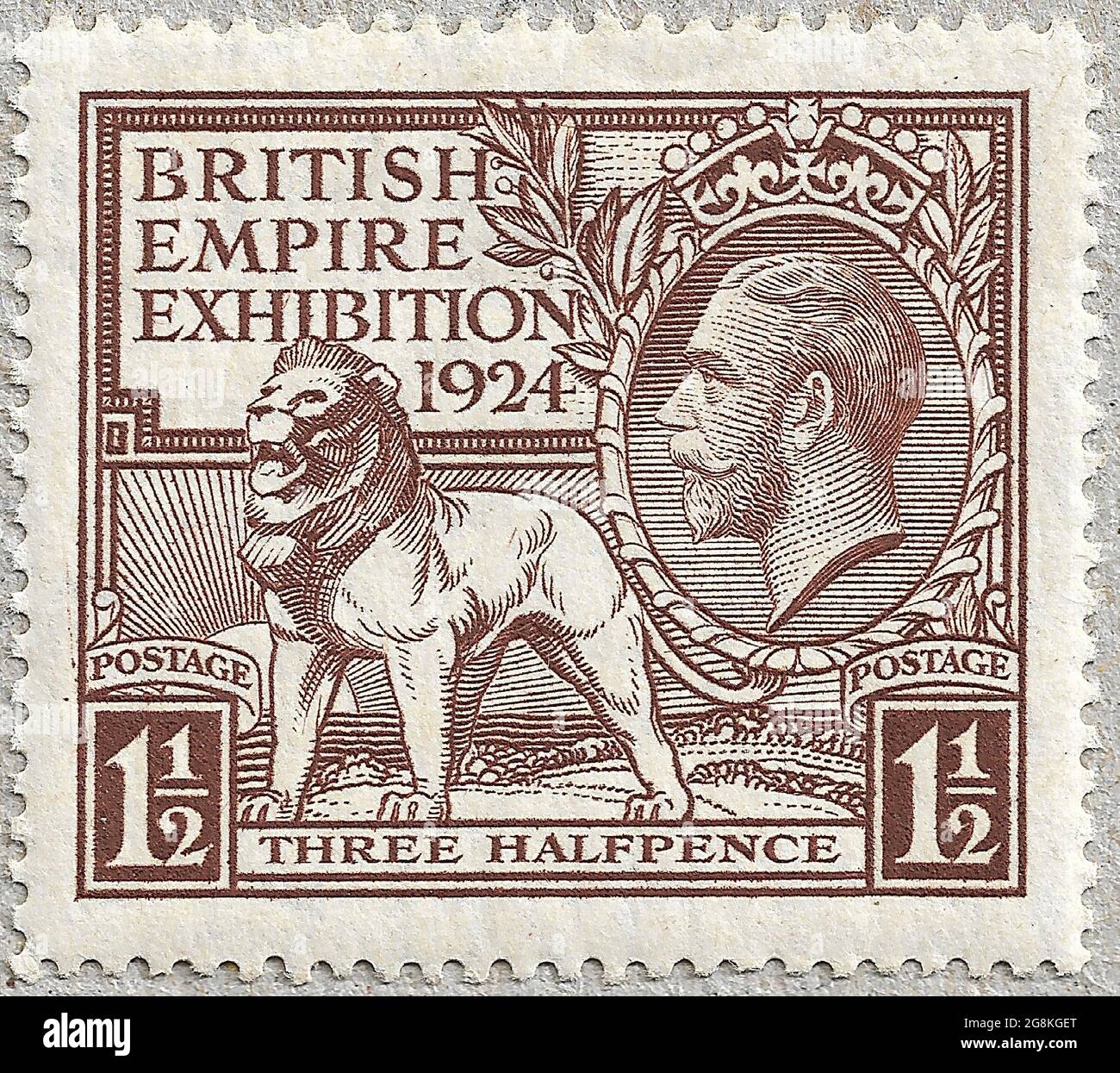 1924 British Empire Exhibition 'Wembley' francobolli (Gran Bretagna, Re Giorgio V) tre mezzaluna marrone disegnata da H. Nelson. Lastre da stampa incise da J. A. C. Harrison. Stampato da Waterlow e Sons. Foto Stock