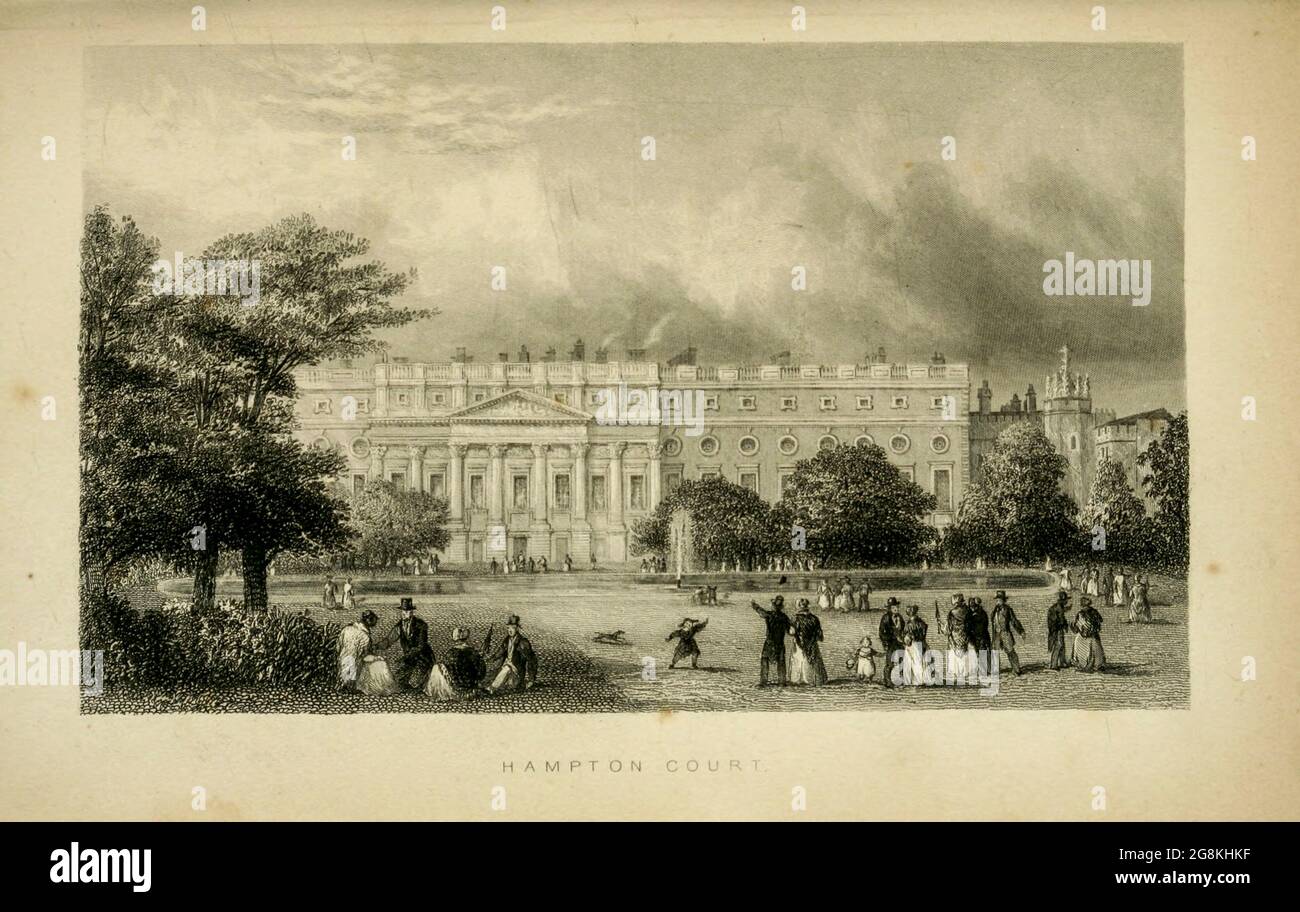 London Hampton Court dal libro Illustrated London, o una serie di vedute nella metropoli britannica e nelle sue vicinanze, incise da Albert Henry Payne, da disegni originali. Le notizie storiche, topografiche e miscellanose di Bicknell, W. i; Payne, A. H. (Albert Henry), 1812-1902 pubblicato a Londra nel 1846 da E.T. Brain & Co Foto Stock