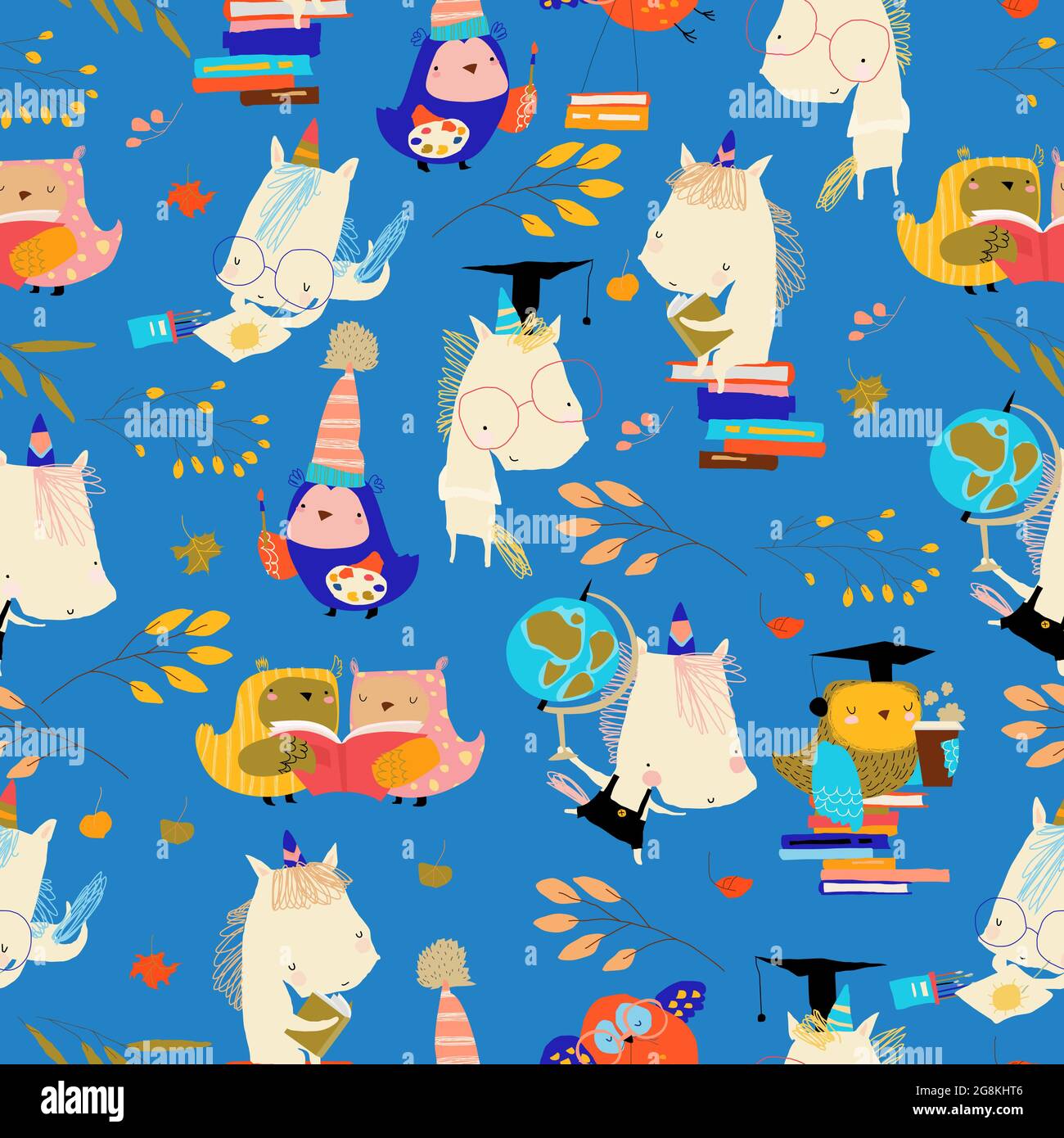 Modello senza cuciture con divertenti Cartoon Owls con Unicorns preparazione Back to School Illustrazione Vettoriale