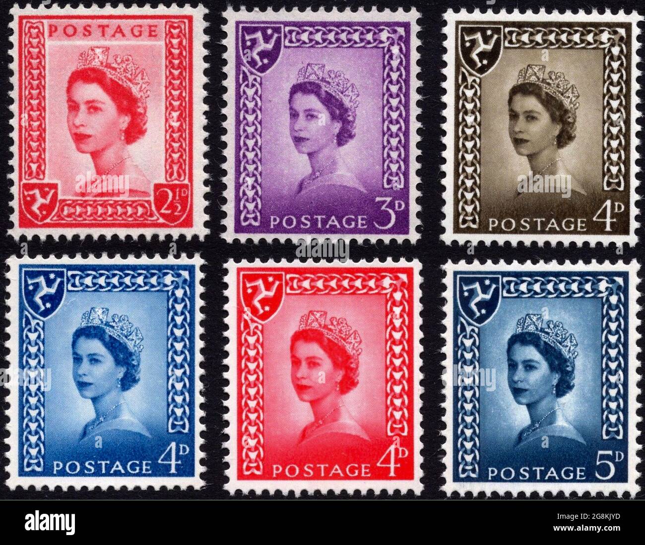 Serie di francobolli per l'emissione regionale dell'Isola di Man. Il doppio mezzo centesimo rosso e una tre lilla furono emessi il 18 agosto 1958 e gli altri, dello stesso disegno ma di colore e denominazione diversi tra allora e il 1969 e sono utilizzati fino al 1973. Foto Stock