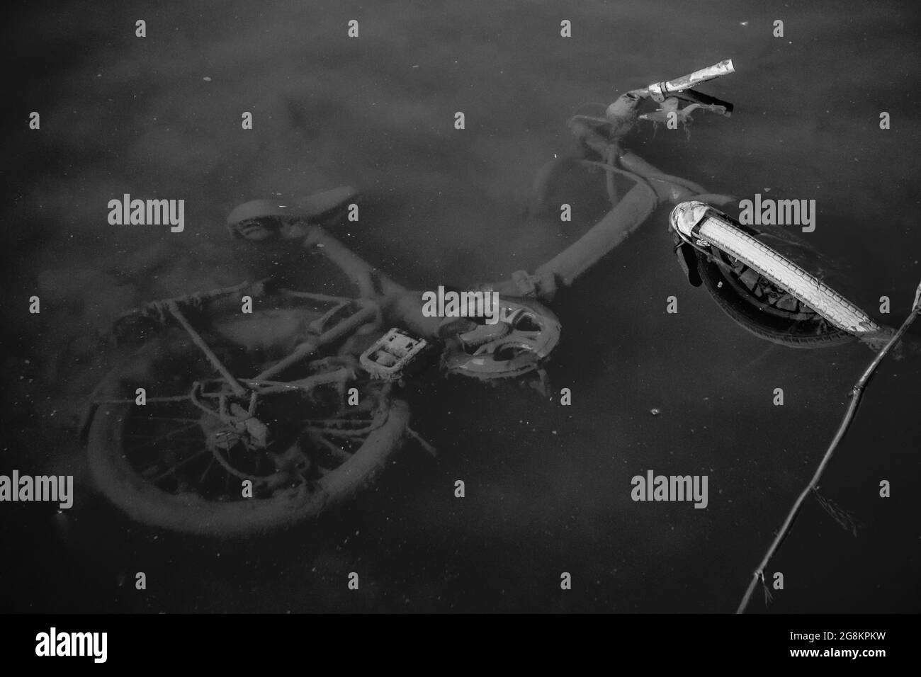 SEOUL, COREA DEL SUD - 10 luglio 2014: Un colpo in scala di grigi di una vecchia bicicletta in dumping in un fiume a Seoul, Corea del Sud Foto Stock