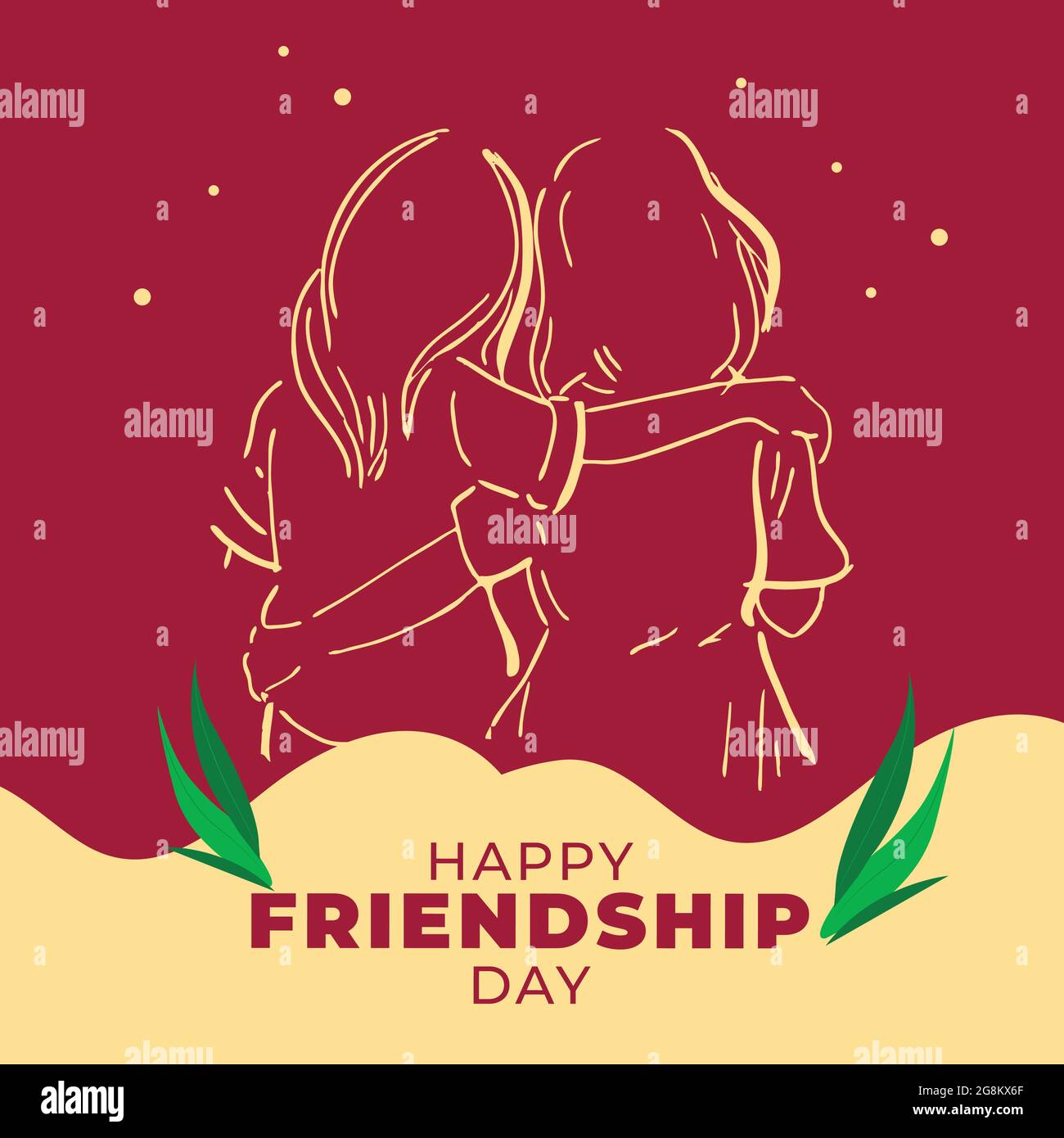 Manifesto di celebrazione della Giornata dell'amicizia. In questo poster, due ragazze si incontrano e celebrano l'amicizia in formato outline. Illustrazione Vettoriale